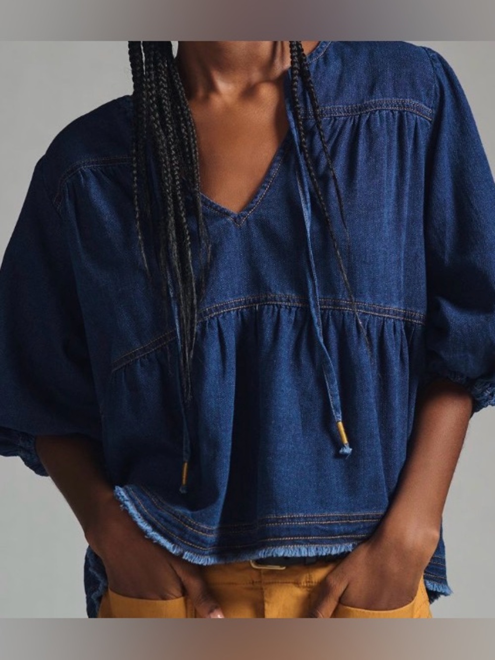 PILCRO Indigo Denim Peasant Top Size Large NWT